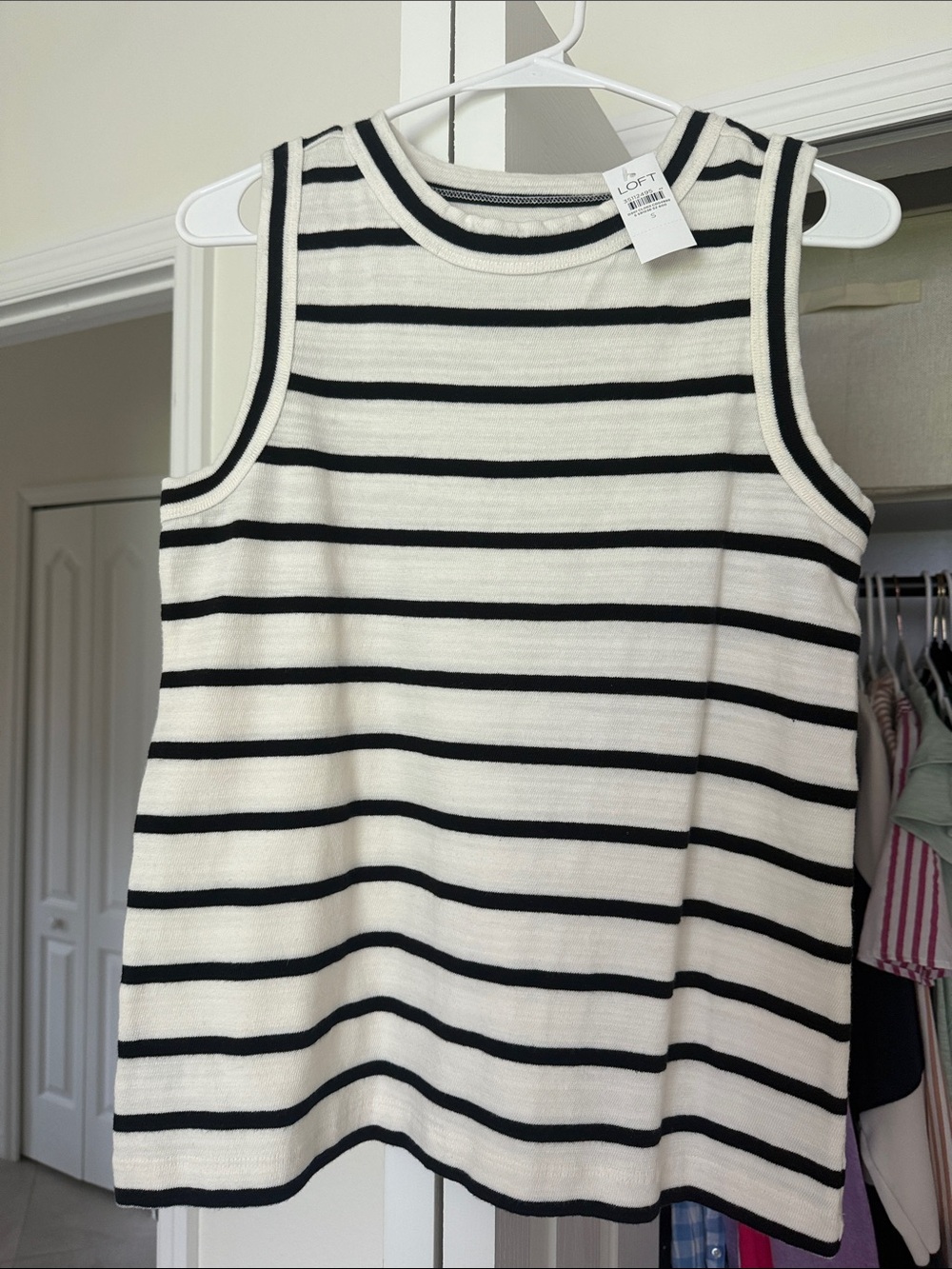 LOFT Cream and Black Striped Sleeveless Knit Top